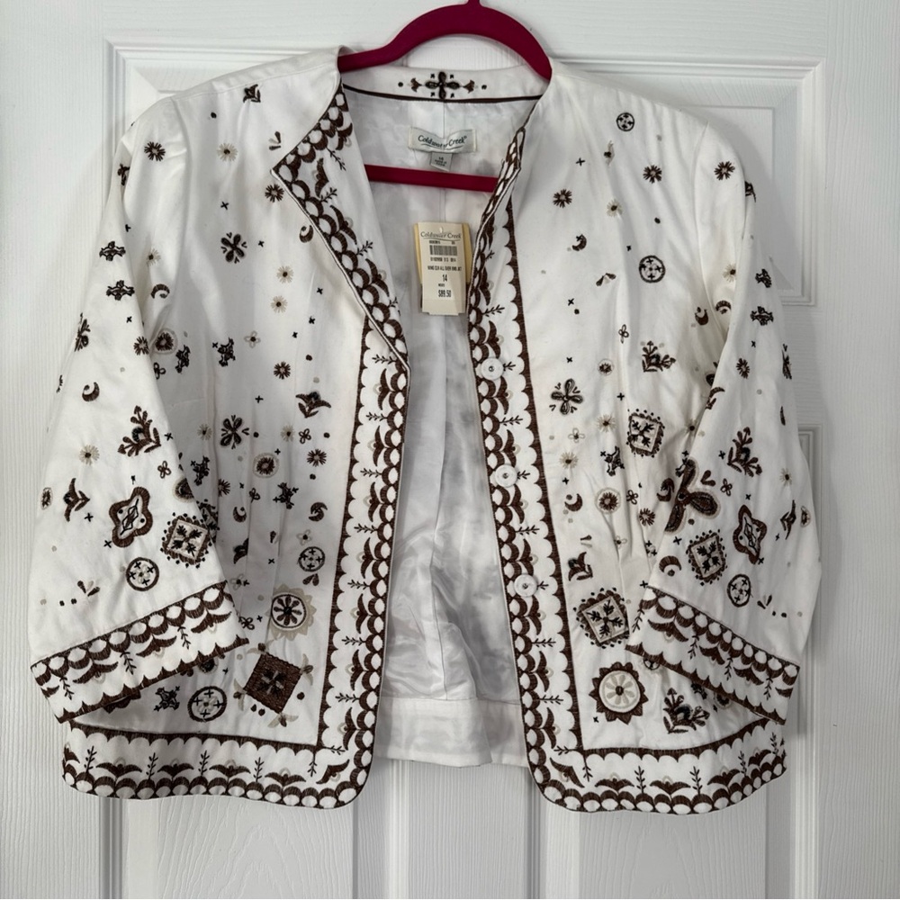 Coldwater Creek White Jacket with Brown Embroidery size 14 NWT